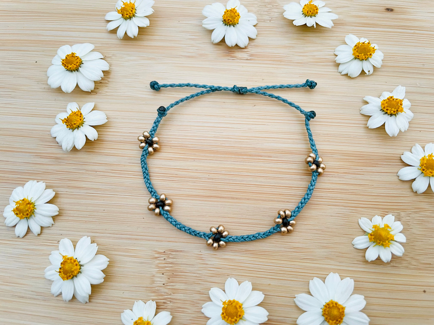 Teal Adjustable Braided Daisy Flower Bracelet, Floral Bracelets for Women, Cord Bracelet
