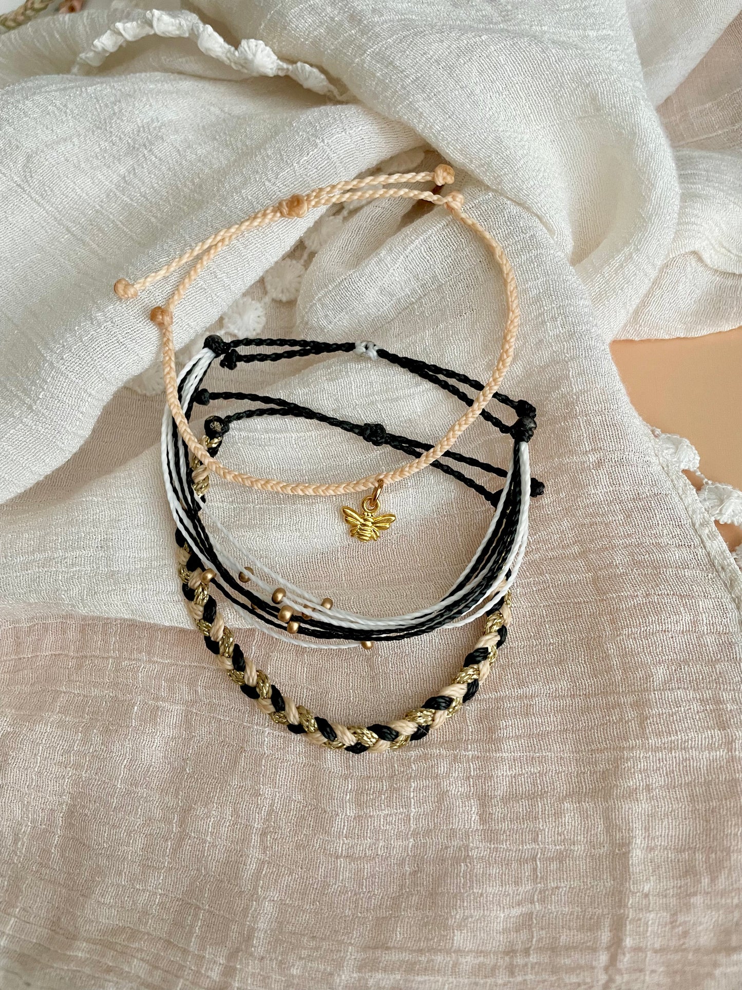 Bee Charm Cord Bracelet Set Bee Keeper Gift Idea Black and Gold Bracelet Adjustable Braided Bracelet Set Bee Lover Gift Bee Charm Bracelet for Friend Nature Lover Gift