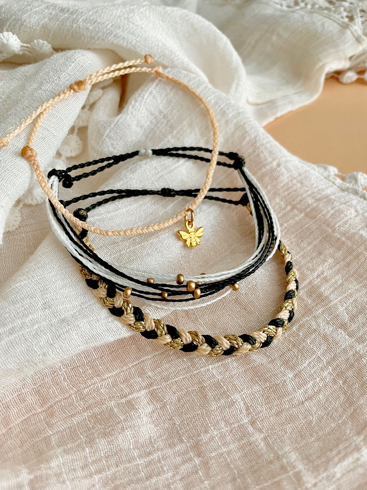 Bee Charm Cord Bracelet Set Bee Keeper Gift Idea Black and Gold Bracelet Adjustable Braided Bracelet Set Bee Lover Gift Bee Charm Bracelet for Friend Nature Lover Gift