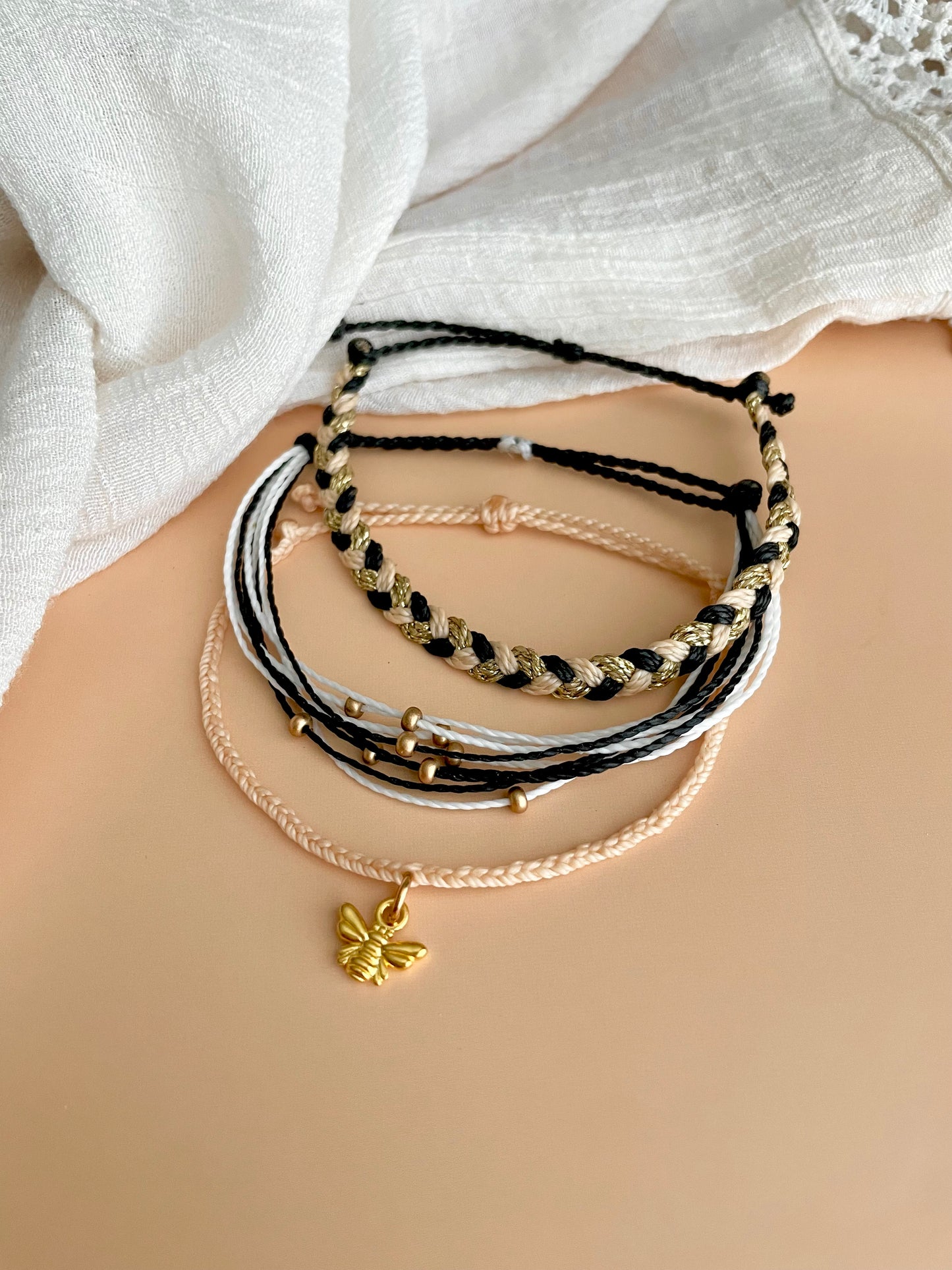 Bee Charm Cord Bracelet Set Bee Keeper Gift Idea Black and Gold Bracelet Adjustable Braided Bracelet Set Bee Lover Gift Bee Charm Bracelet for Friend Nature Lover Gift