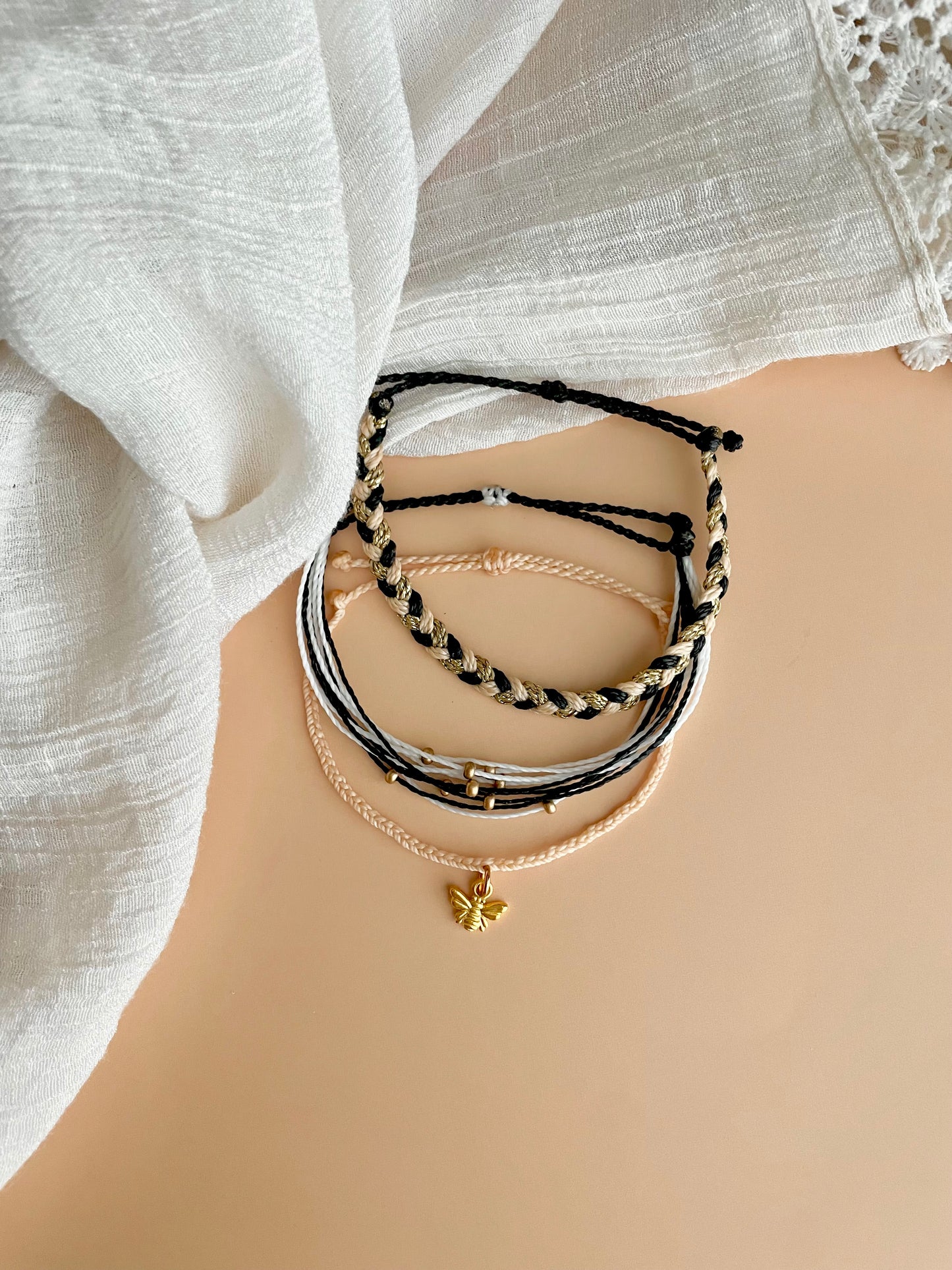Bee Charm Cord Bracelet Set Bee Keeper Gift Idea Black and Gold Bracelet Adjustable Braided Bracelet Set Bee Lover Gift Bee Charm Bracelet for Friend Nature Lover Gift
