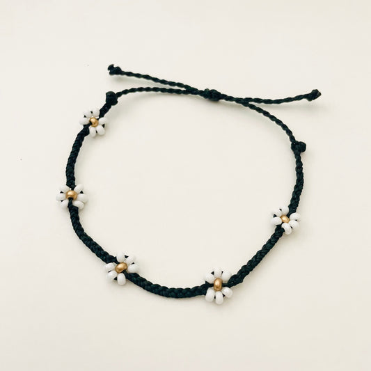 Black Adjustable Braided Daisy Flower Bracelets, Floral Bracelets for Women, Cord Bracelet