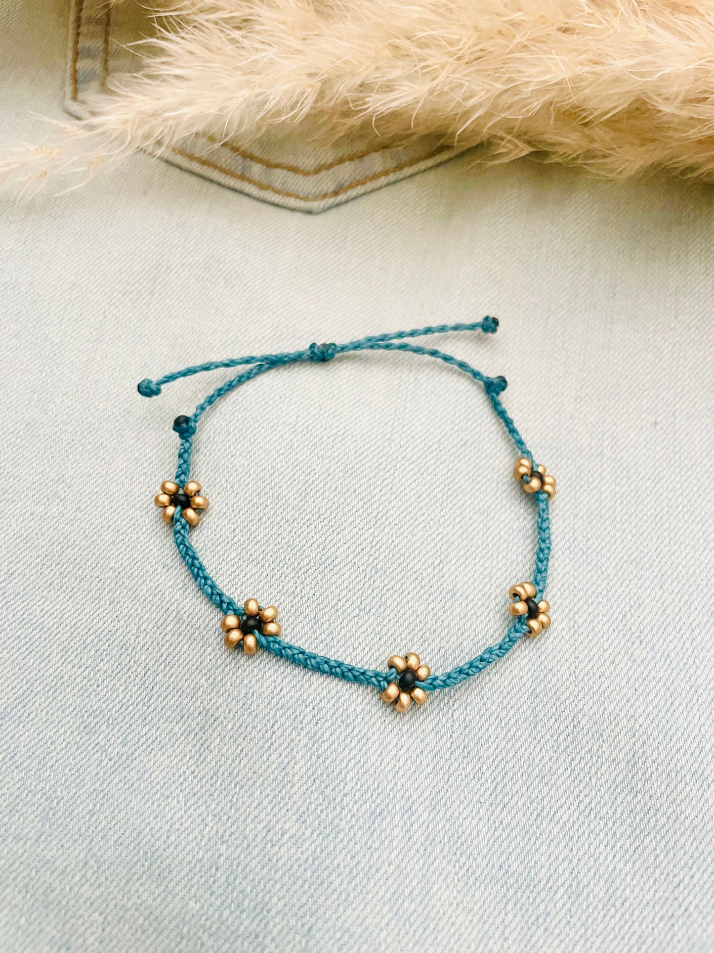 Teal Adjustable Braided Daisy Flower Bracelet, Floral Bracelets for Women, Cord Bracelet