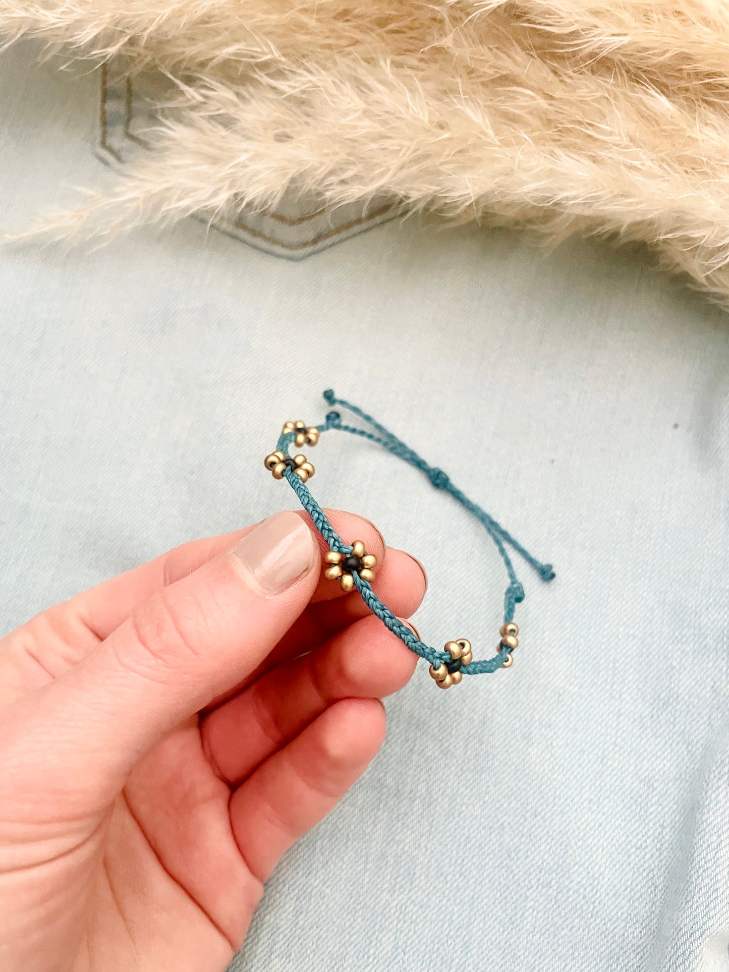 Teal Adjustable Braided Daisy Flower Bracelet, Floral Bracelets for Women, Cord Bracelet