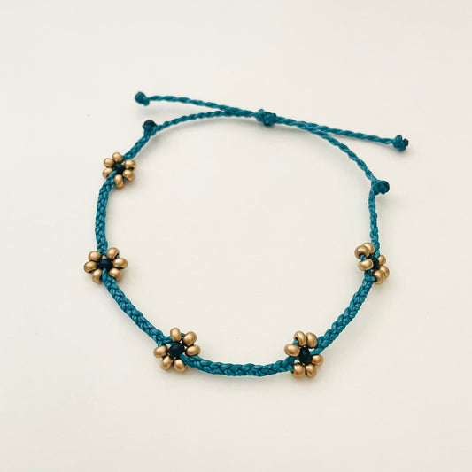 Teal Adjustable Braided Daisy Flower Bracelet, Floral Bracelets for Women, Cord Bracelet