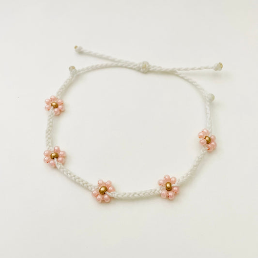 White and Pink Adjustable Braided Daisy Flower Bracelet, Floral Bracelets for Women, Cord Bracelet