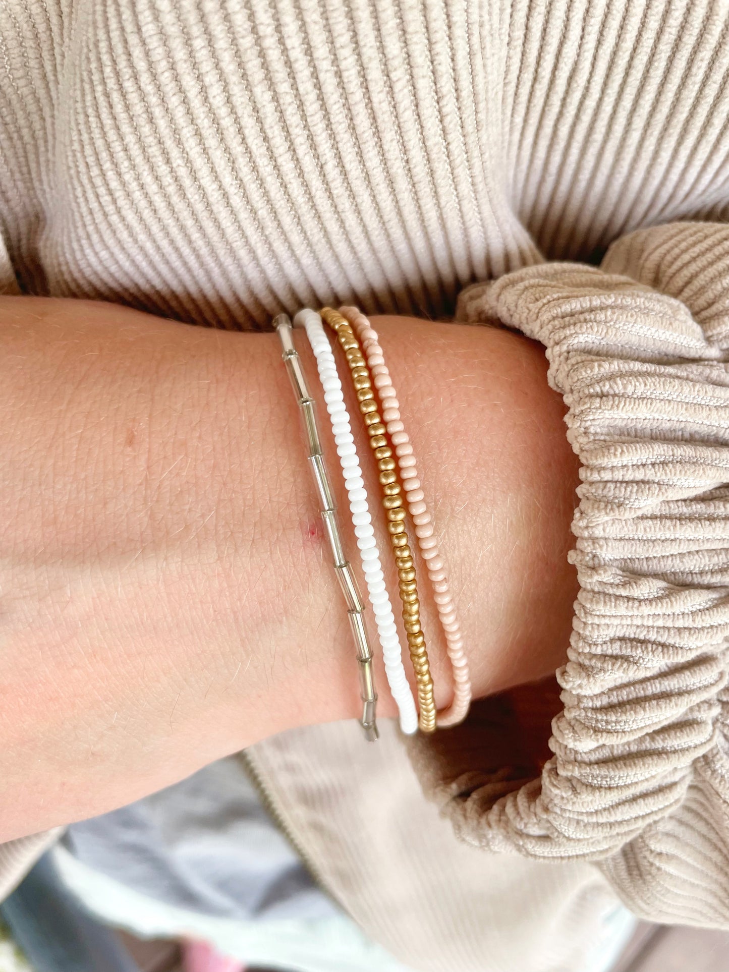 Simple Dainty Seed Bead Stretch Bracelet Set, Beaded Minimalist Bracelet Stack