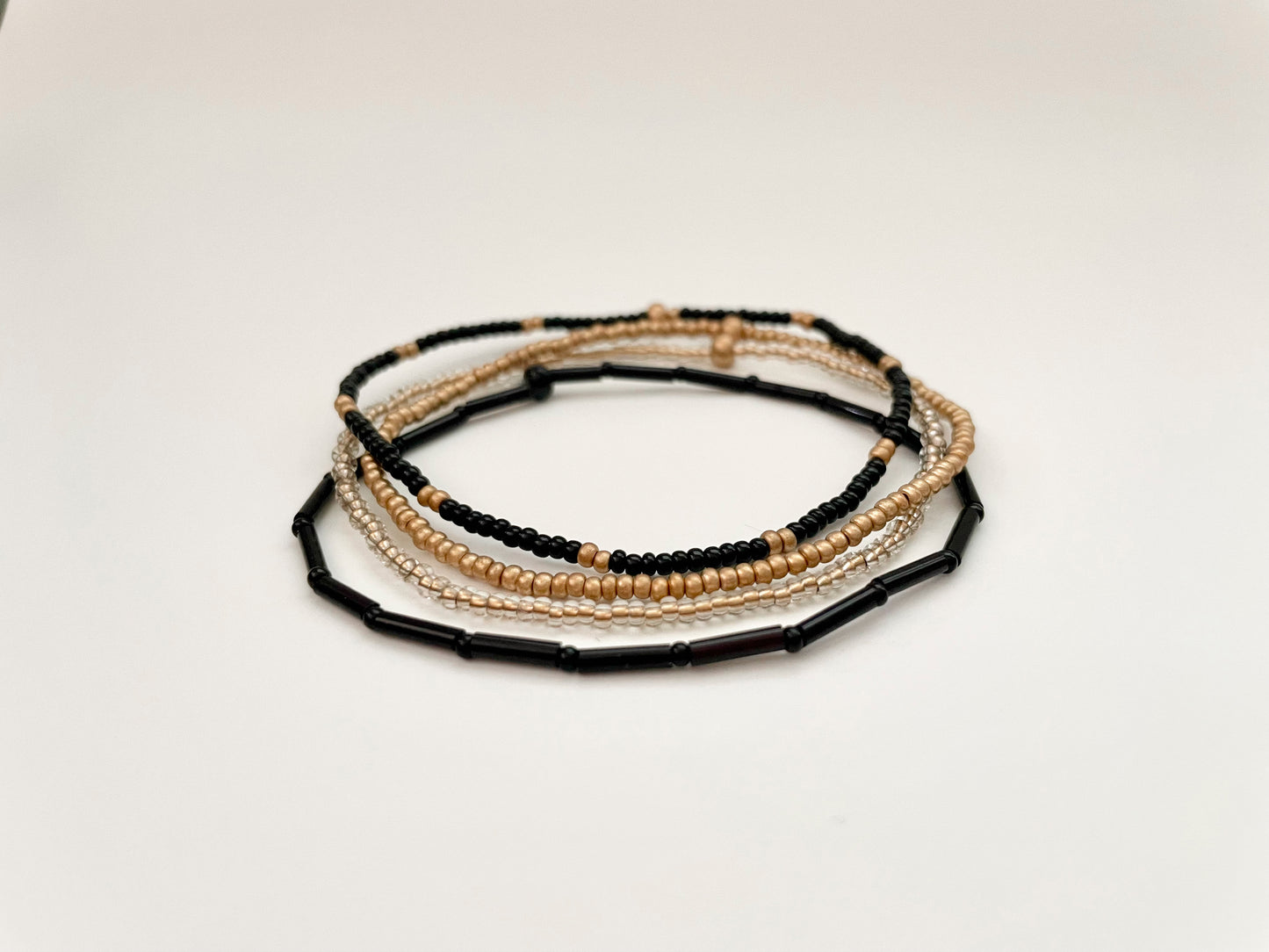 Black & Gold Minimalist Beaded Stretch Bracelet Set, Seed Bead Bracelet Stack for Women