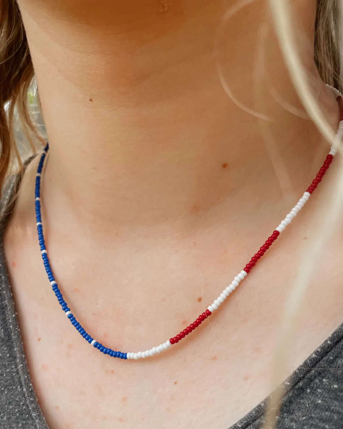 4th of July Seed Bead Necklace Patriotic American Flag Necklace Red White Blue Jewelry for Women Handmade USA Beaded Necklace