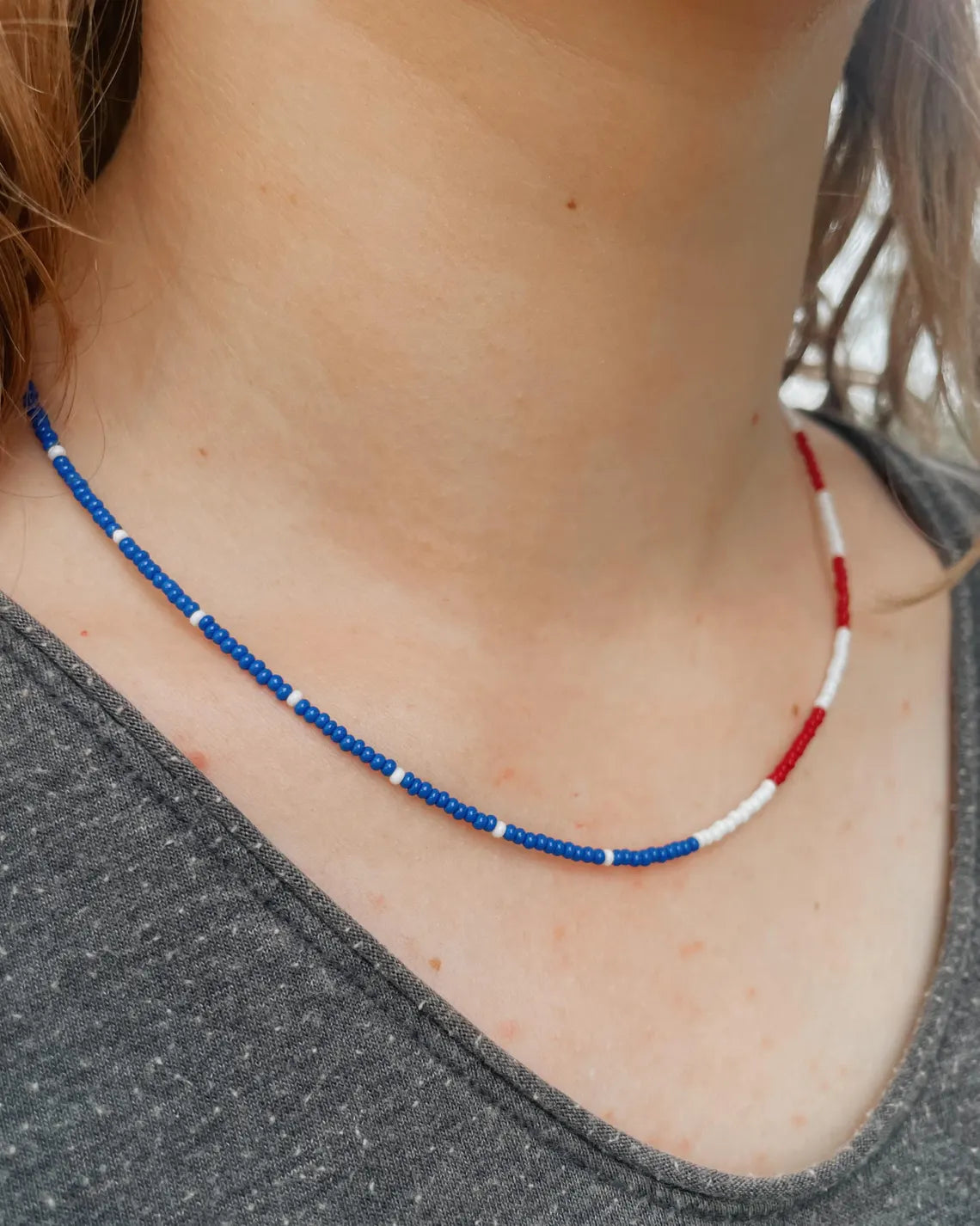 4th of July Seed Bead Necklace Patriotic American Flag Necklace Red White Blue Jewelry for Women Handmade USA Beaded Necklace