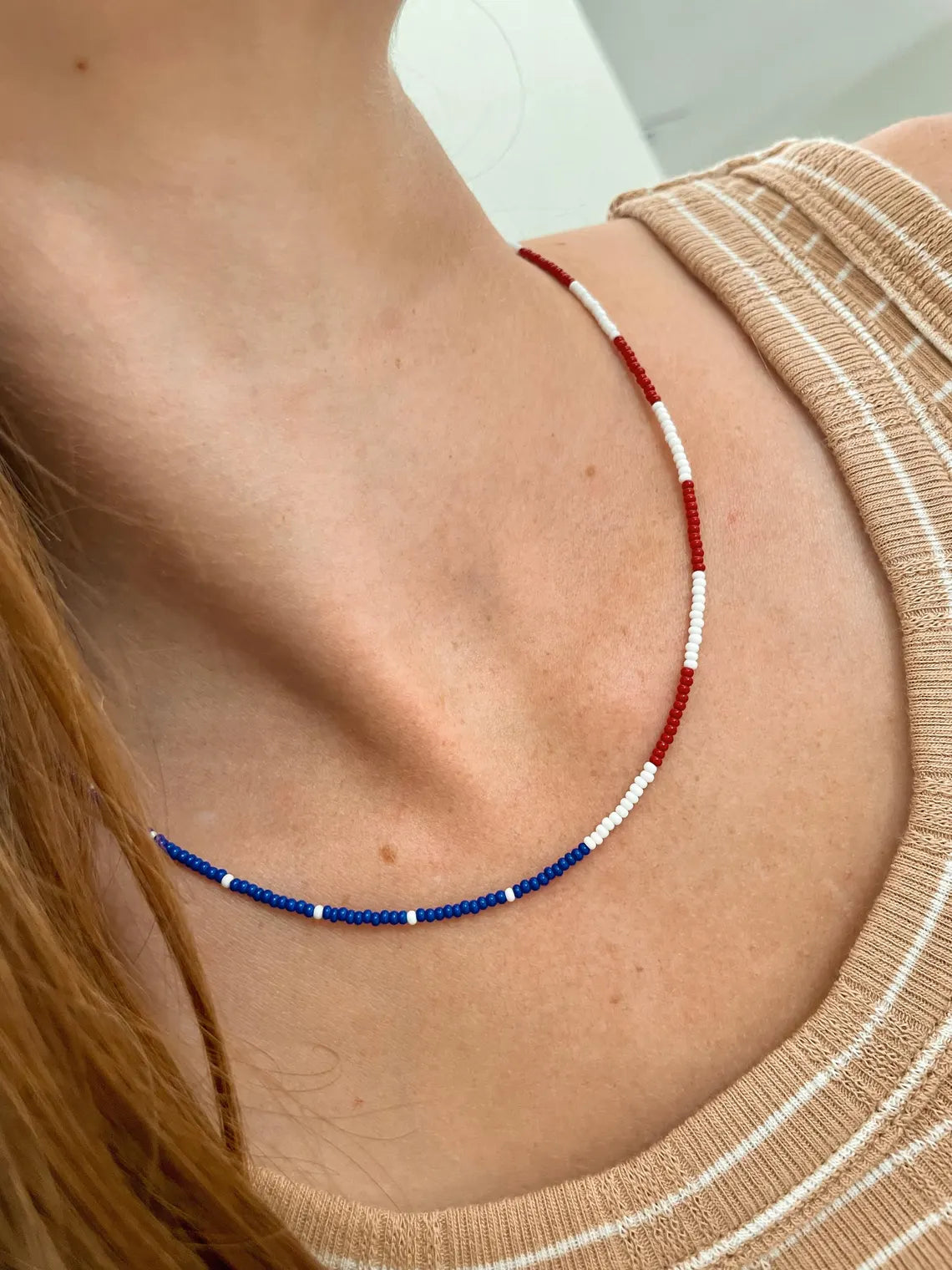 4th of July Seed Bead Necklace Patriotic American Flag Necklace Red White Blue Jewelry for Women Handmade USA Beaded Necklace