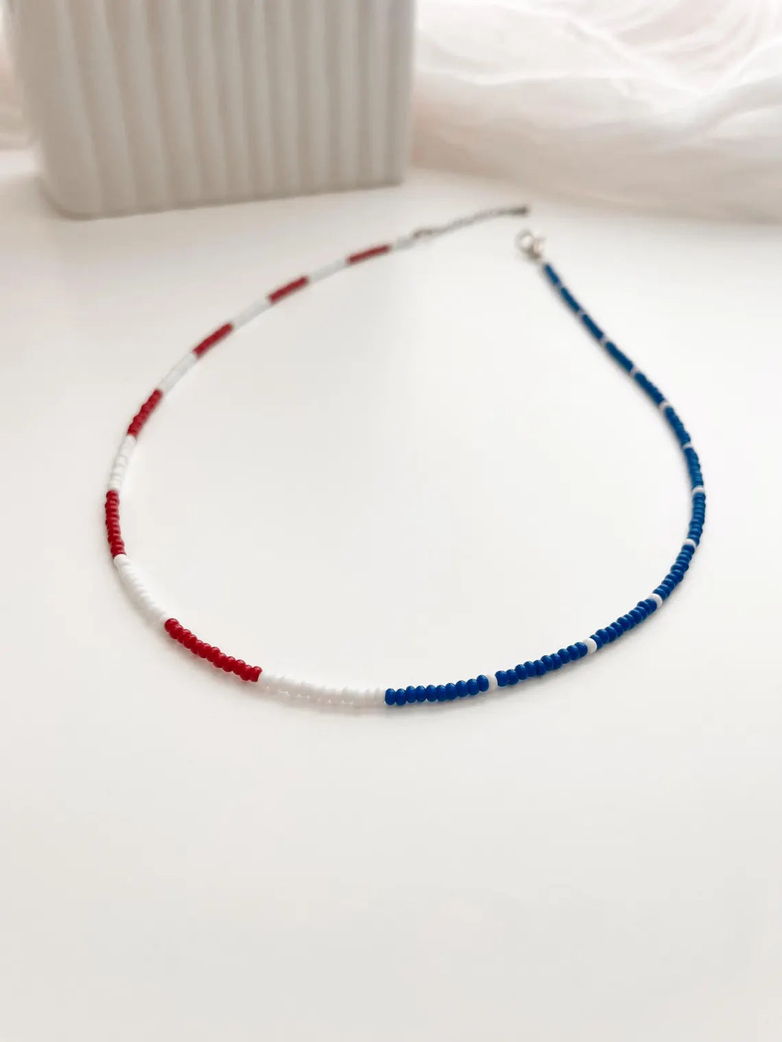4th of July Seed Bead Necklace Patriotic American Flag Necklace Red White Blue Jewelry for Women Handmade USA Beaded Necklace