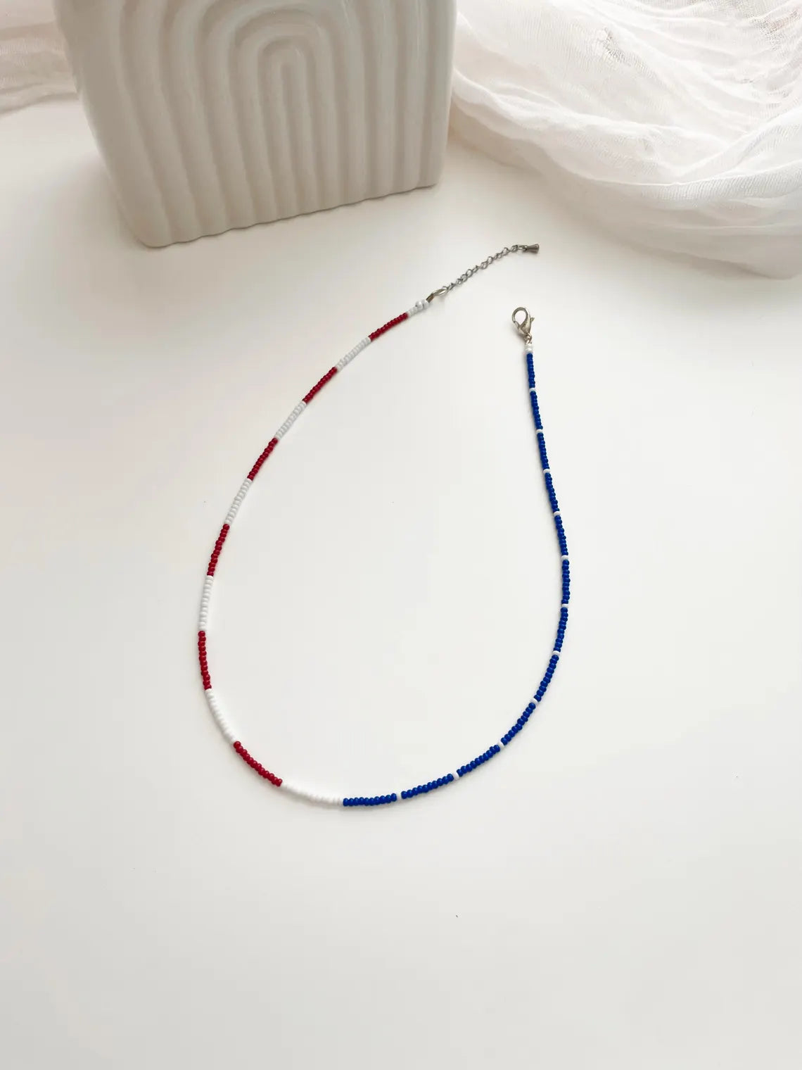 4th of July Seed Bead Necklace Patriotic American Flag Necklace Red White Blue Jewelry for Women Handmade USA Beaded Necklace
