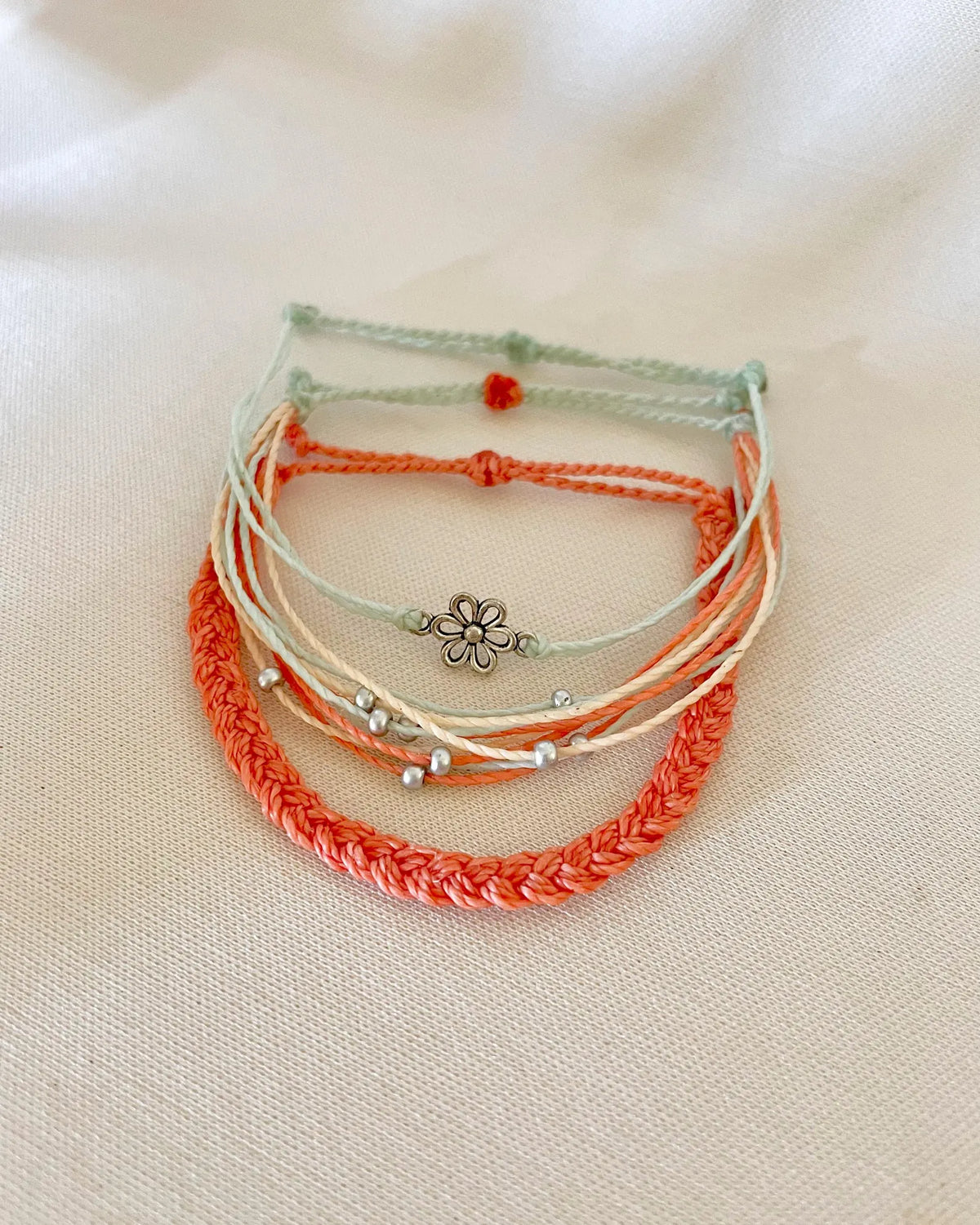 Beachy String Bracelet Set Flower Charm Bracelet Stack Beachside Jewelry Handmade Coastal Bracelets