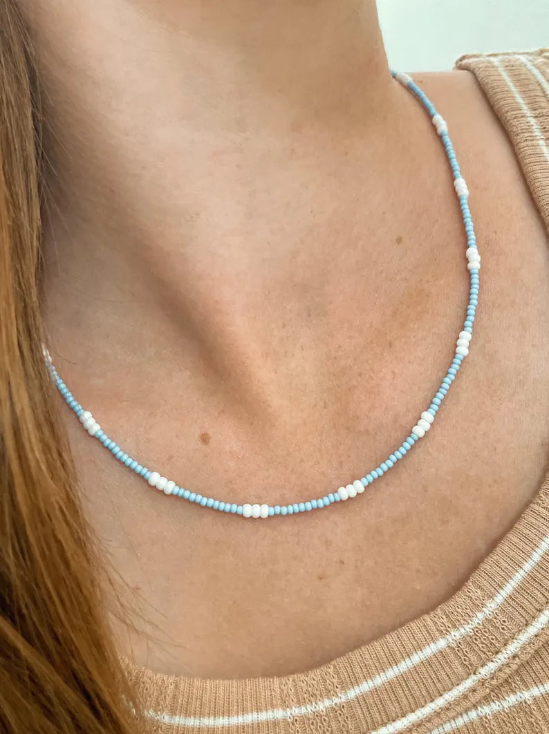 Dainty Beaded Layering Necklace Blue and White Small Bead Surfer Style Necklace Seed Bead Choker Gift Idea for Friend Matching Jewelry Boho
