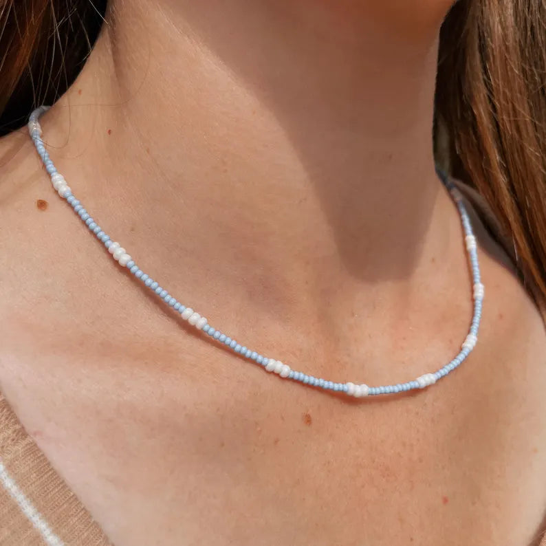 Dainty Beaded Layering Necklace Blue and White Small Bead Surfer Style Necklace Seed Bead Choker Gift Idea for Friend Matching Jewelry Boho