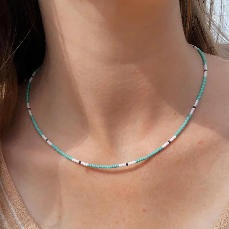 Beaded Surfer Necklace Seed Bead Necklace Colorful Beach Jewelry for Women Dainty Boho Summer Necklace Handmade Layering Jewelry Surfer Girl