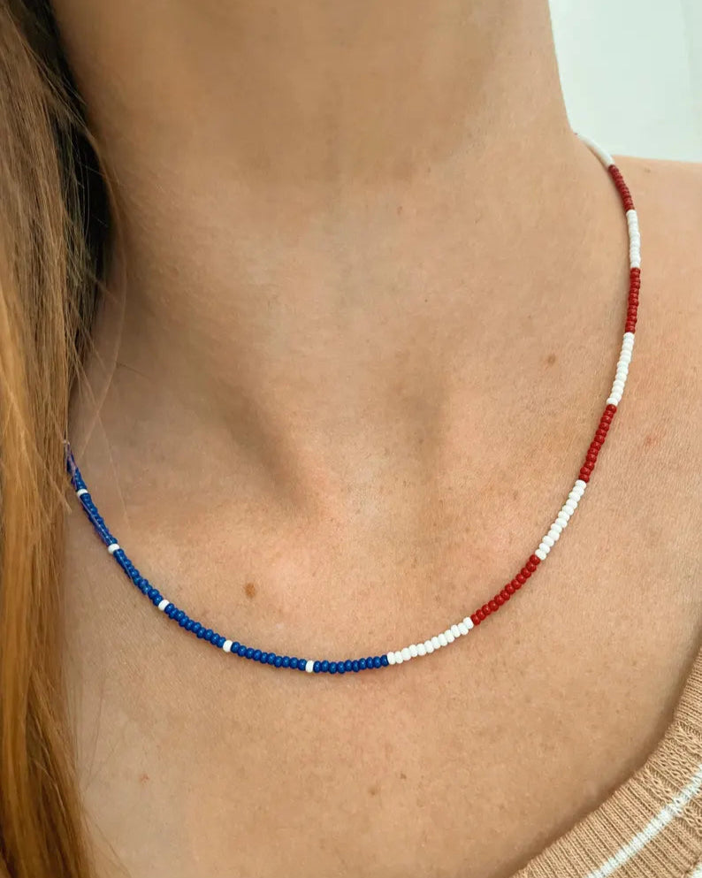 4th of July Seed Bead Necklace Patriotic American Flag Necklace Red White Blue Jewelry for Women Handmade USA Beaded Necklace