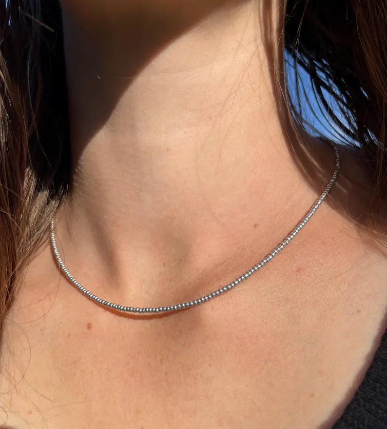 Minimalist Matte Silver Seed Bead Necklace