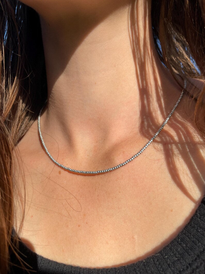 Minimalist Matte Silver Seed Bead Necklace