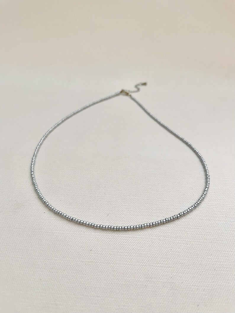 Minimalist Matte Silver Seed Bead Necklace