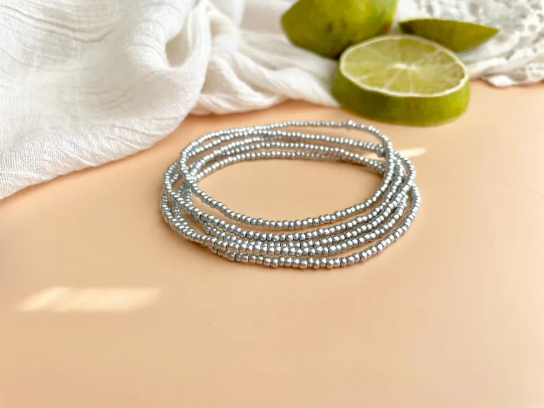 Minimalist Beaded Silver Stretch Bracelet Seed Bead Bracelet Simple Jewelry Layering Dainty Bracelet Lightweight Jewelry Gift Idea