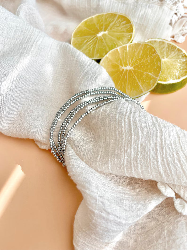 Minimalist Beaded Silver Stretch Bracelet Seed Bead Bracelet Simple Jewelry Layering Dainty Bracelet Lightweight Jewelry Gift Idea