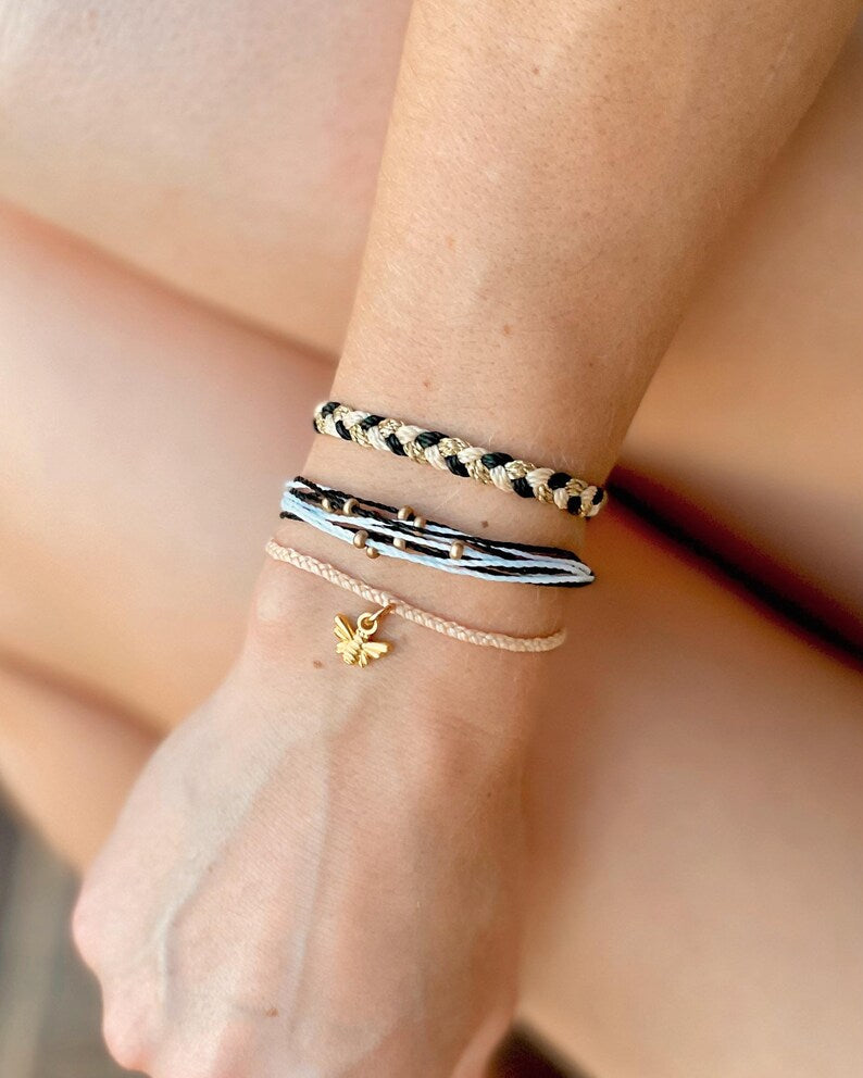 Bee Charm Cord Bracelet Set Bee Keeper Gift Idea Black and Gold Bracelet Adjustable Braided Bracelet Set Bee Lover Gift Bee Charm Bracelet for Friend Nature Lover Gift
