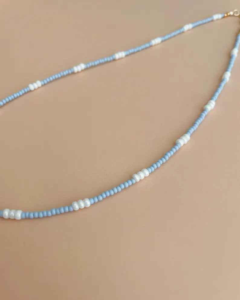 Dainty Beaded Layering Necklace Blue and White Small Bead Surfer Style Necklace Seed Bead Choker Gift Idea for Friend Matching Jewelry Boho