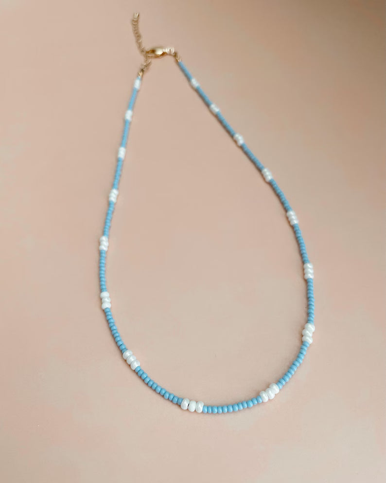 Dainty Beaded Layering Necklace Blue and White Small Bead Surfer Style Necklace Seed Bead Choker Gift Idea for Friend Matching Jewelry Boho