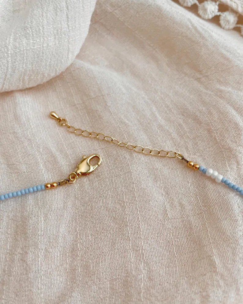 Dainty Beaded Layering Necklace Blue and White Small Bead Surfer Style Necklace Seed Bead Choker Gift Idea for Friend Matching Jewelry Boho