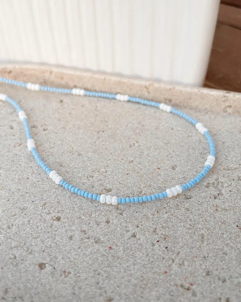 Dainty Beaded Layering Necklace Blue and White Small Bead Surfer Style Necklace Seed Bead Choker Gift Idea for Friend Matching Jewelry Boho