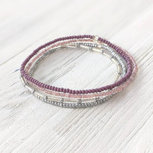 Purple Bracelet Set, Seed Bead Bracelet, Minimalist Beaded Bracelet, Stretch Bracelet, Bracelet Stack, Dainty Bracelet,