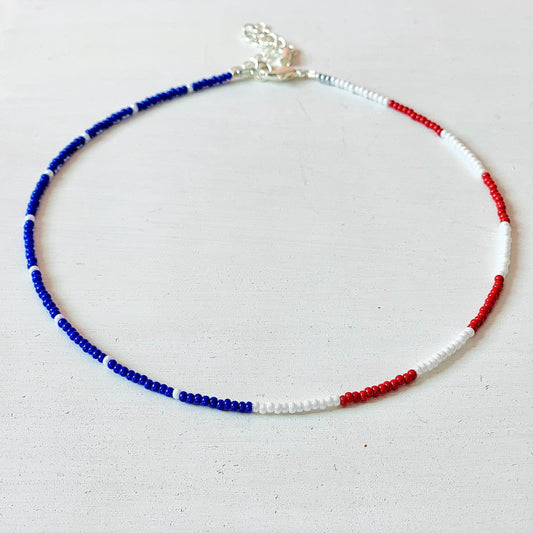 4th of July Necklace, American Flag, Beaded Necklace, Patriotic Jewelry, Seed Bead Necklace, Beaded Choker, Seed Bead Choker, 4th of July
