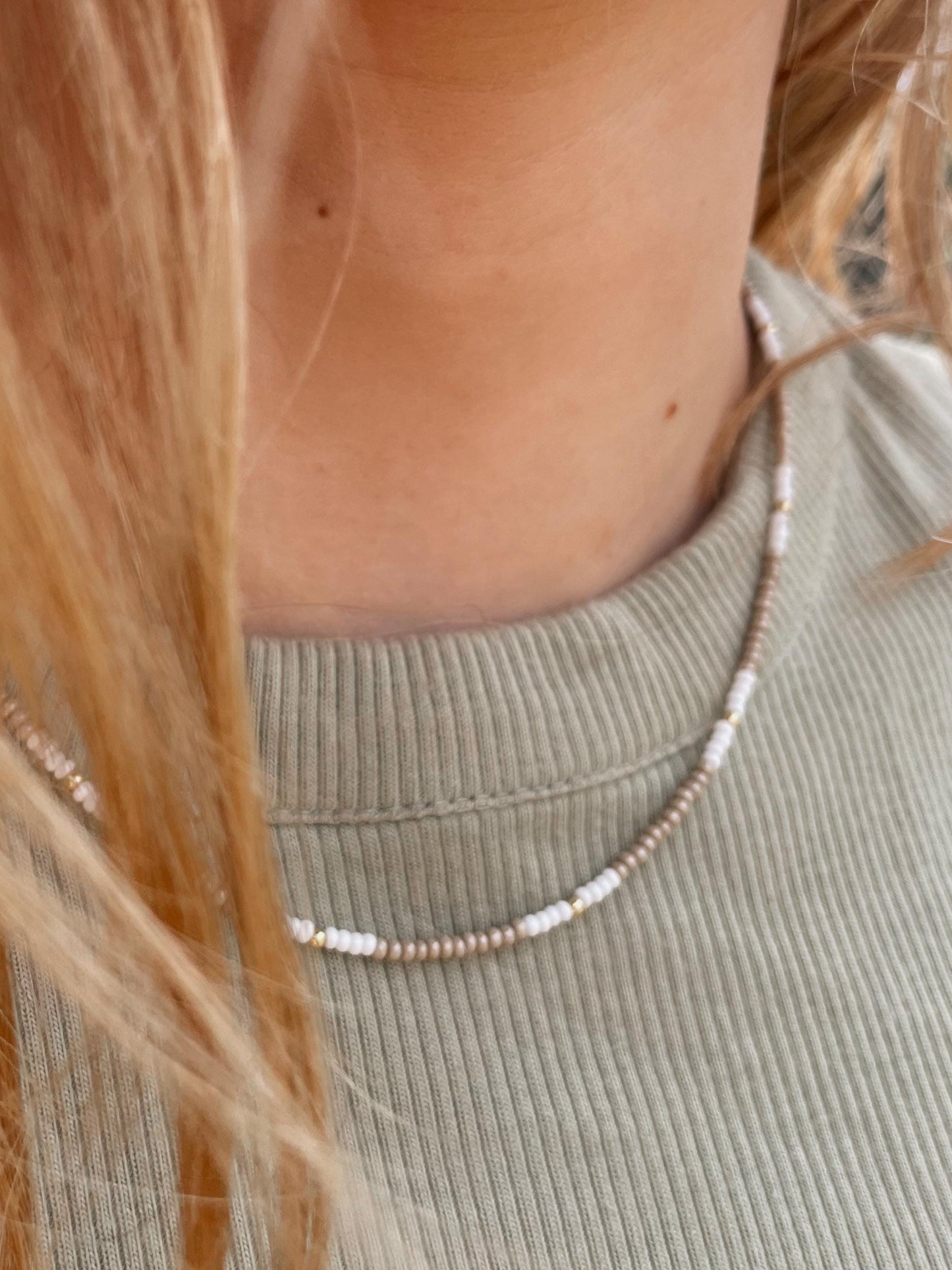 Beaded Surfer Necklace Seed Bead Summer Jewelry Beach Style Neutral Tone Layering Accessory Dainty Choker Handmade Design Boho Inspired Gold