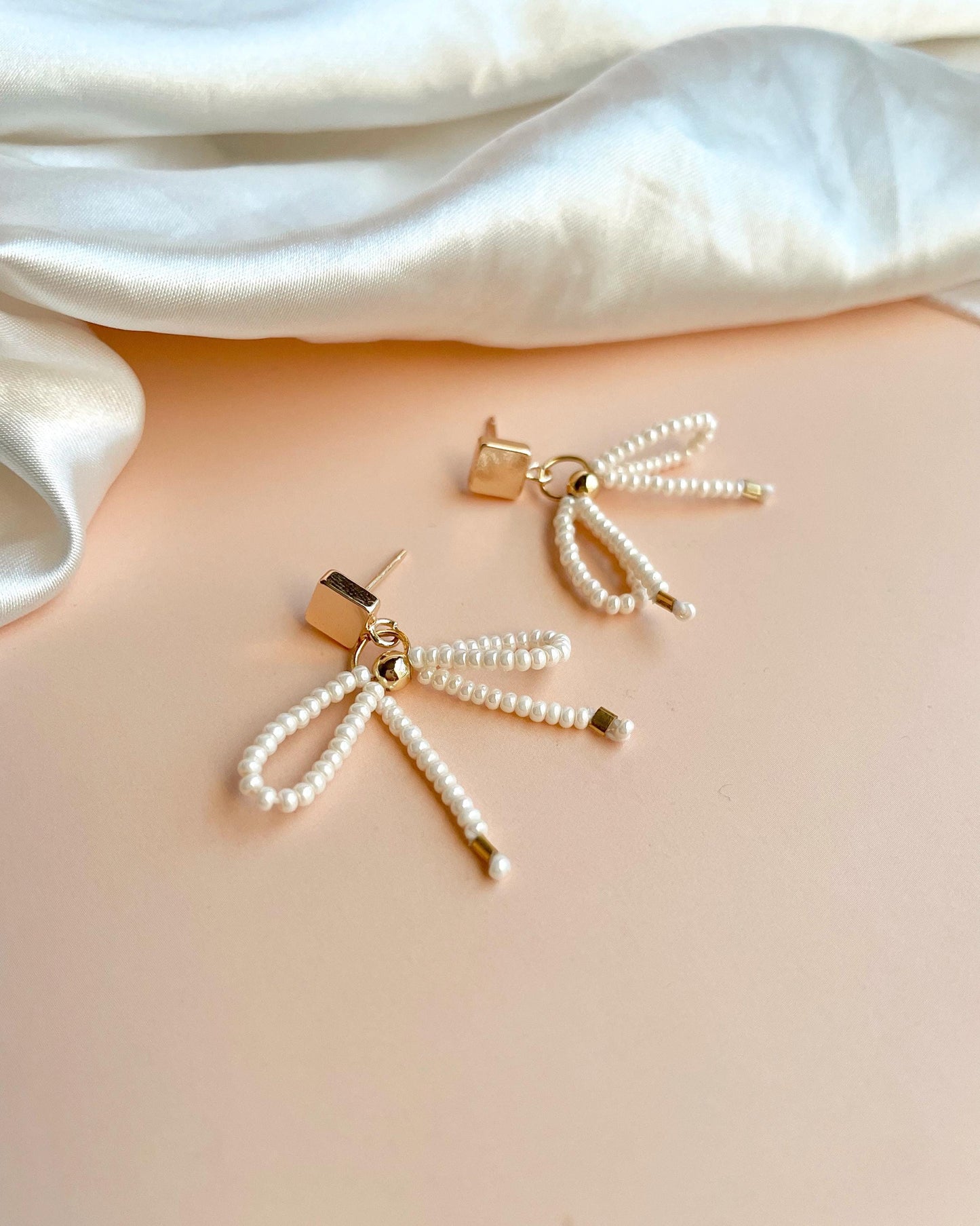 Beaded Bow Earrings 18k Gold Filled Dangle Earrings Minimalist Jewelry Christmas Gift Idea for Daughter Dangle Bow Earrings Tiny Pearl