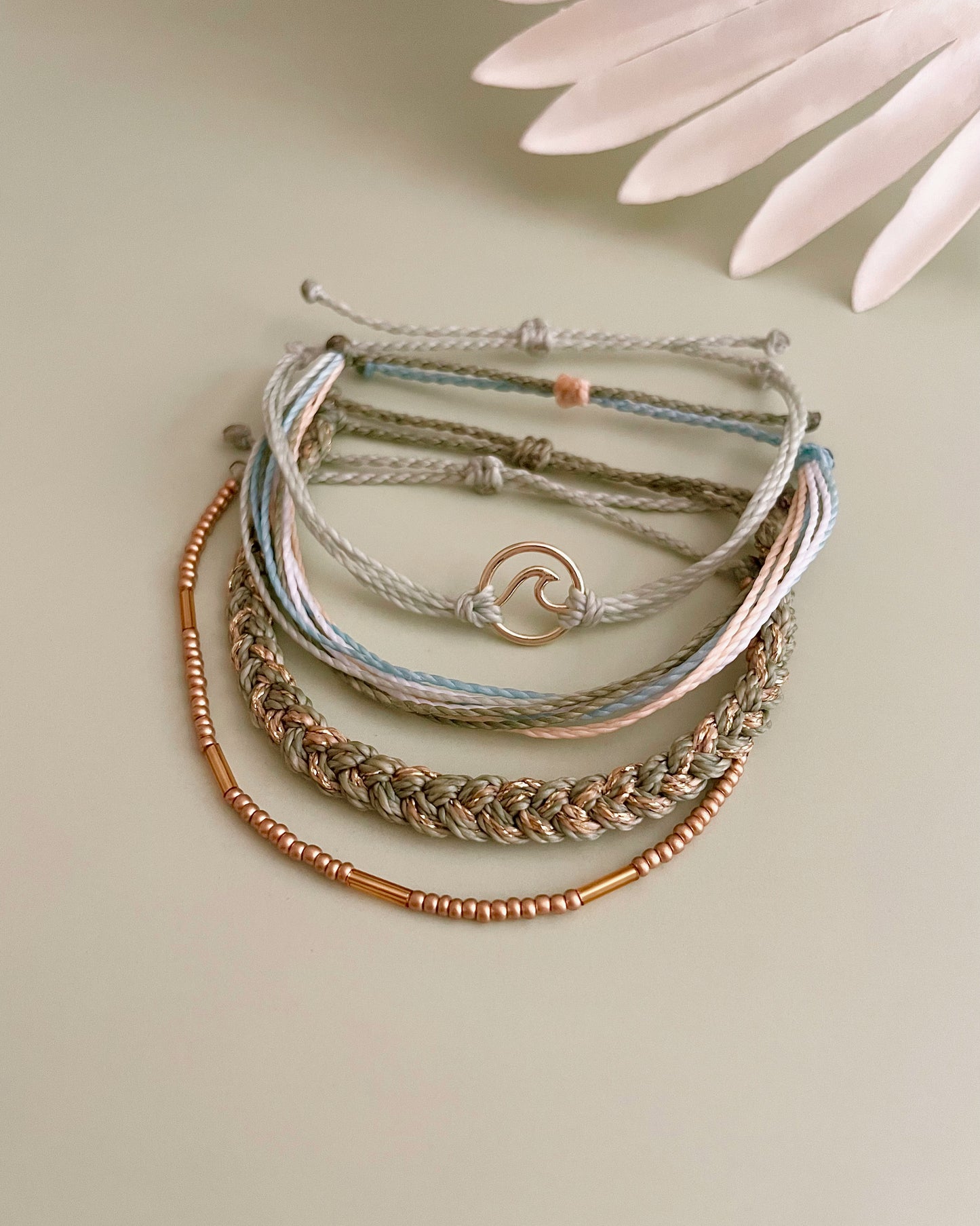 Surfer Bracelet Stack Adjustable Waxed Cord Bracelet Set Boho Accessories Beach Style Wave Charm Beaded Style Earth Tone Summer Jewelry