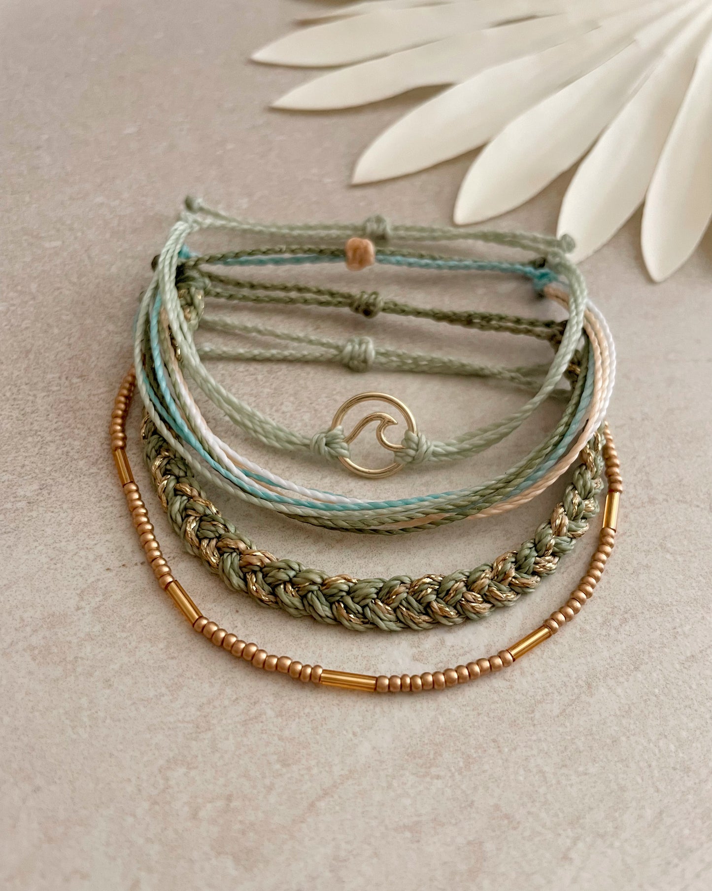 Surfer Bracelet Stack Adjustable Waxed Cord Bracelet Set Boho Accessories Beach Style Wave Charm Beaded Style Earth Tone Summer Jewelry