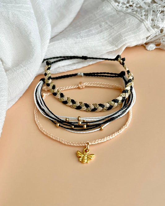 Bee Charm Cord Bracelet Set Bee Keeper Gift Idea Black and Gold Bracelet Adjustable Braided Bracelet Set Bee Lover Gift Bee Charm Bracelet for Friend Nature Lover Gift