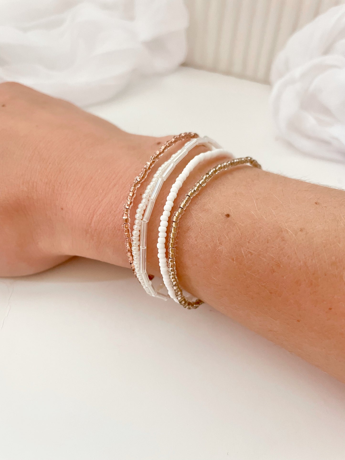 Minimalist Beaded Neutral Stretch Bracelet Set