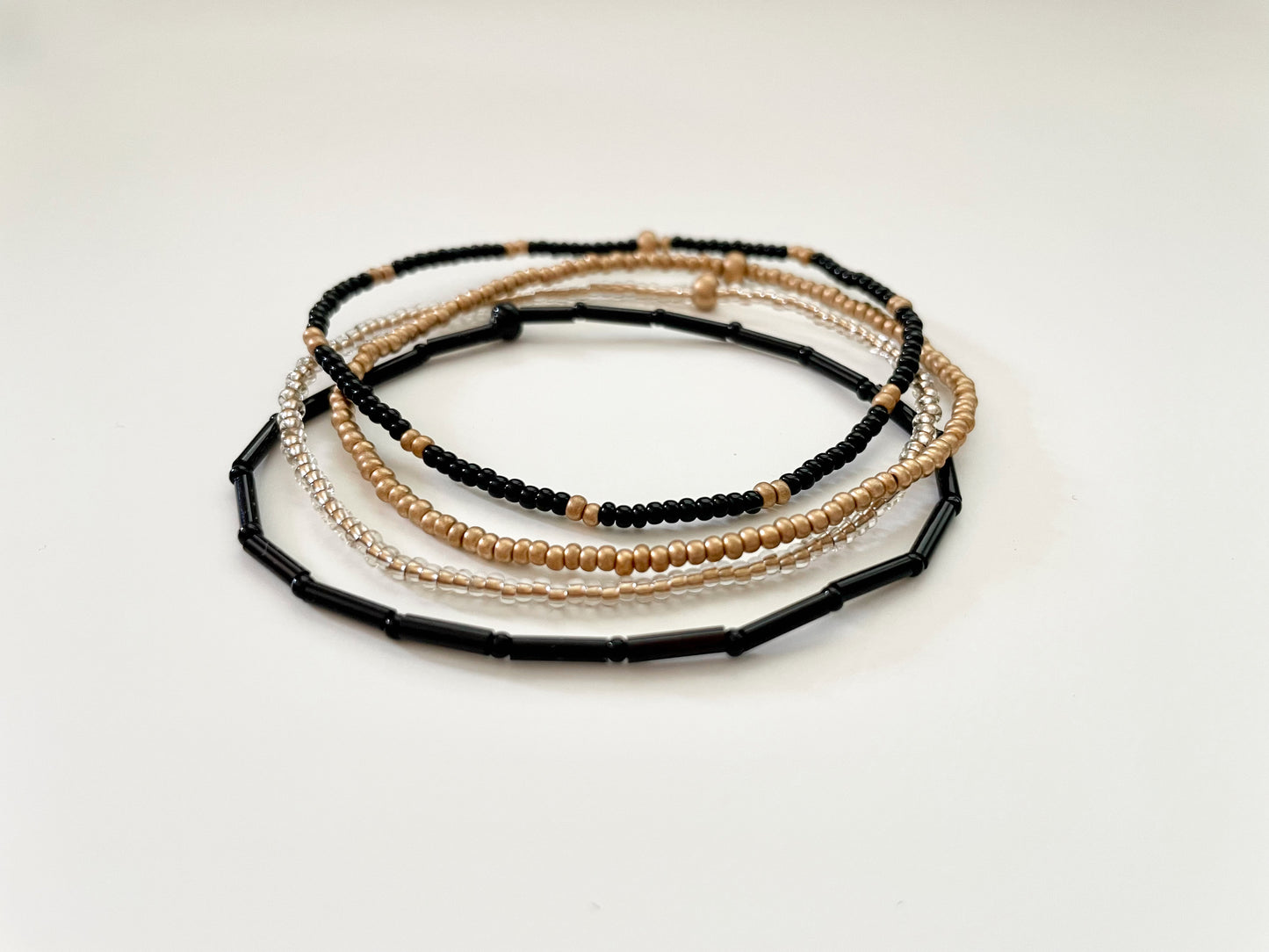 Black & Gold Minimalist Beaded Stretch Bracelet Set, Seed Bead Bracelet Stack for Women
