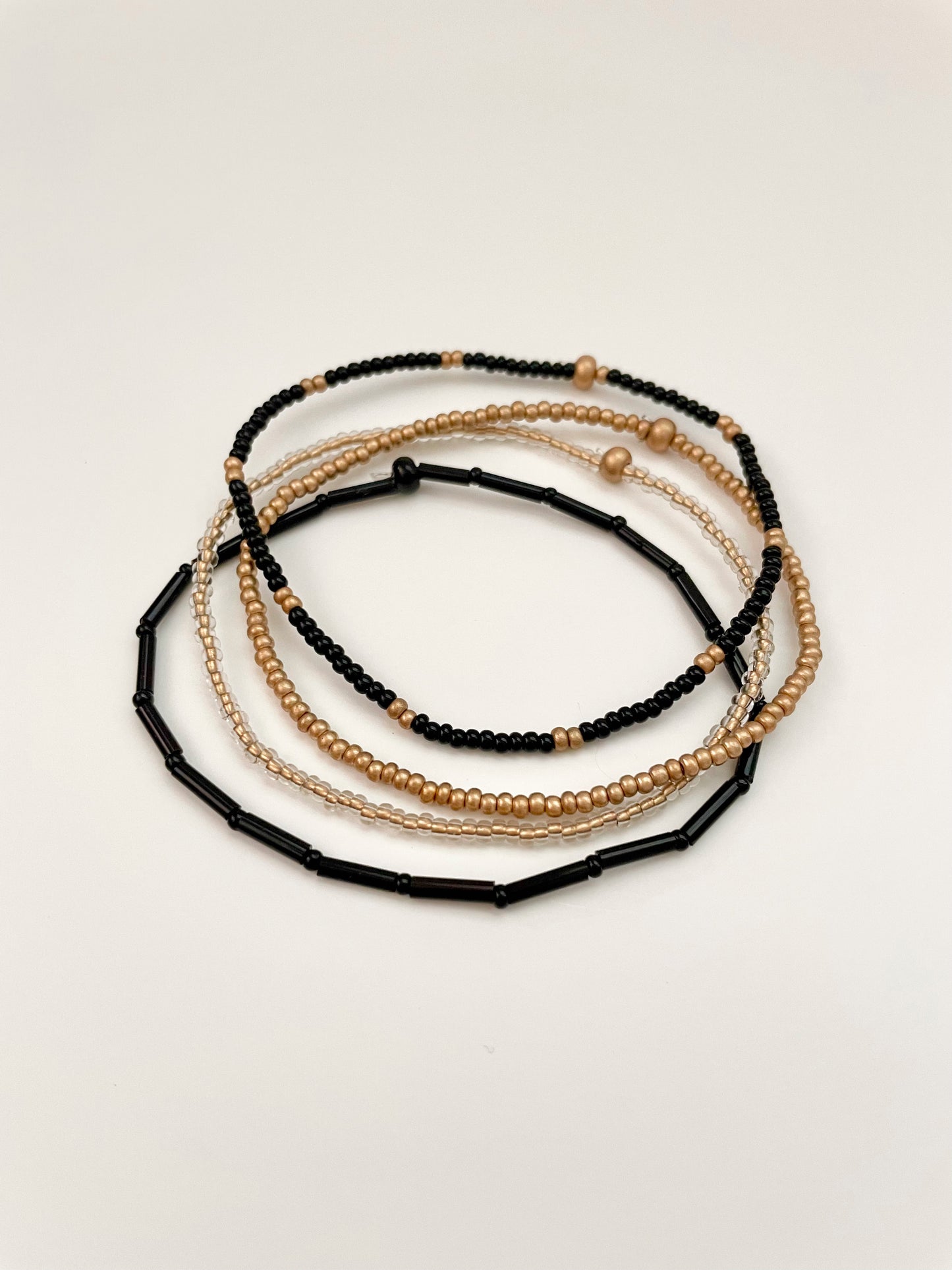 Black & Gold Minimalist Beaded Stretch Bracelet Set, Seed Bead Bracelet Stack for Women