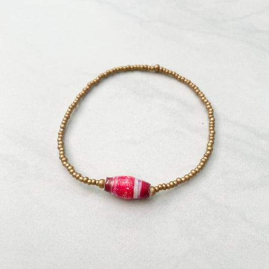 Pink Recycled Paper Bead Stretch Bracelet