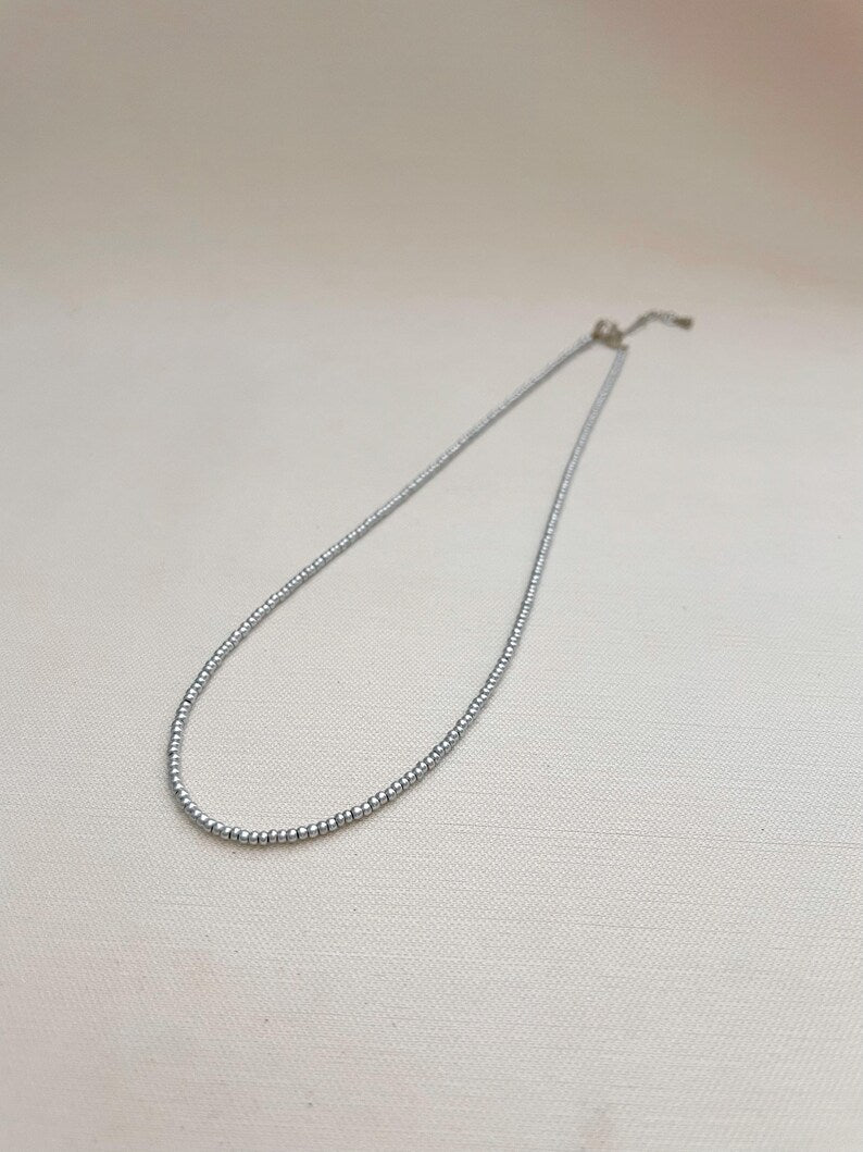 Minimalist Matte Silver Seed Bead Necklace