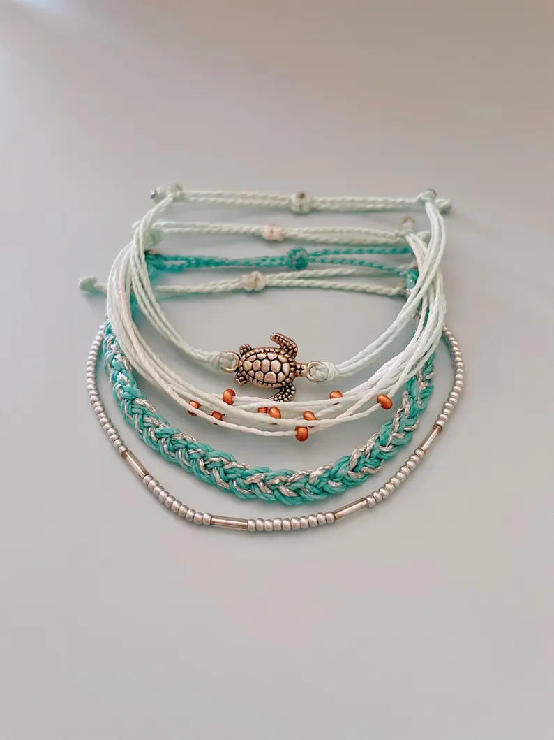 Sea Turtle Bracelet Set Waterproof Adjustable Cord Bracelets Surfer Style Bracelet Set