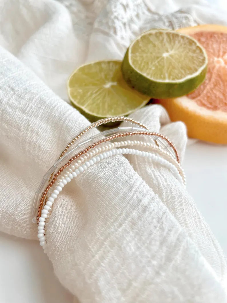 Neutral Dainty Beaded Bracelet Stack Minimalist Style Beaded Stretch Bracelet Set Everyday Wear Stacking Jewelry