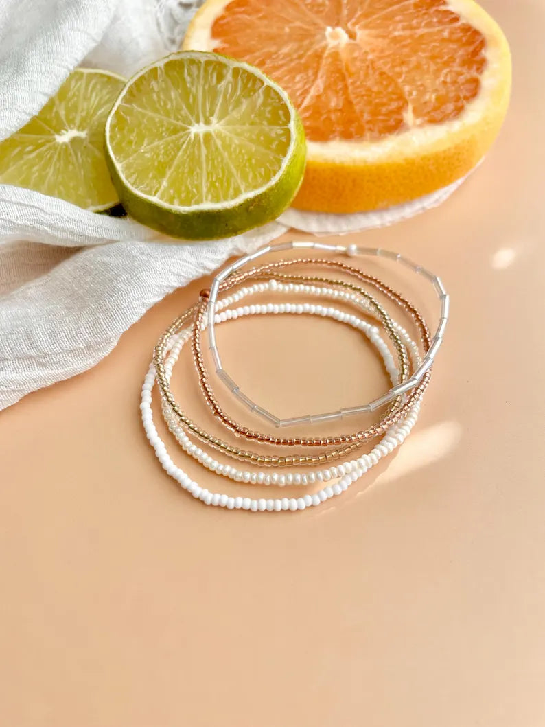 Neutral Dainty Beaded Bracelet Stack Minimalist Style Beaded Stretch Bracelet Set Everyday Wear Stacking Jewelry