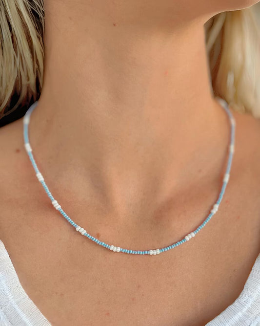 Dainty Beaded Layering Necklace Blue and White Small Bead Surfer Style Necklace Seed Bead Choker Gift Idea for Friend Matching Jewelry Boho