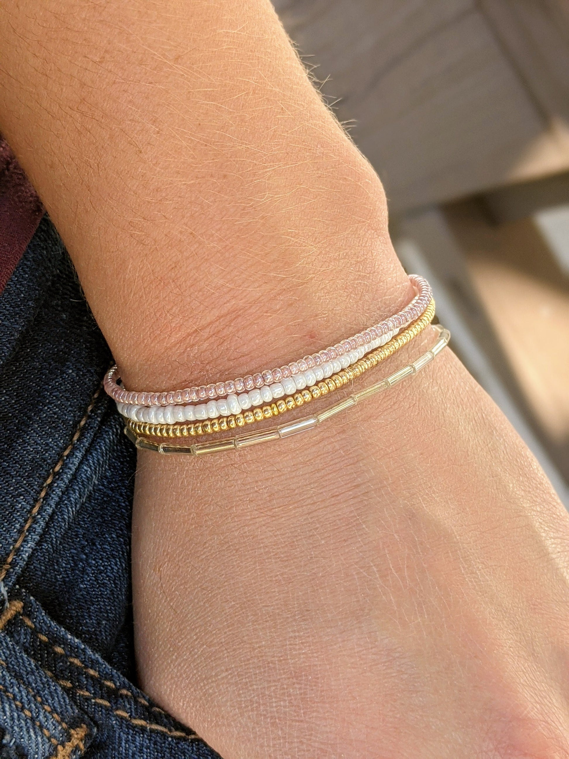 Bracelet Set, Minimalist Beaded Bracelet, Stretch Bracelet, Seed Bead Bracelet, Dainty Bracelet, Gold Bracelet, Stacking Bracelets for Women