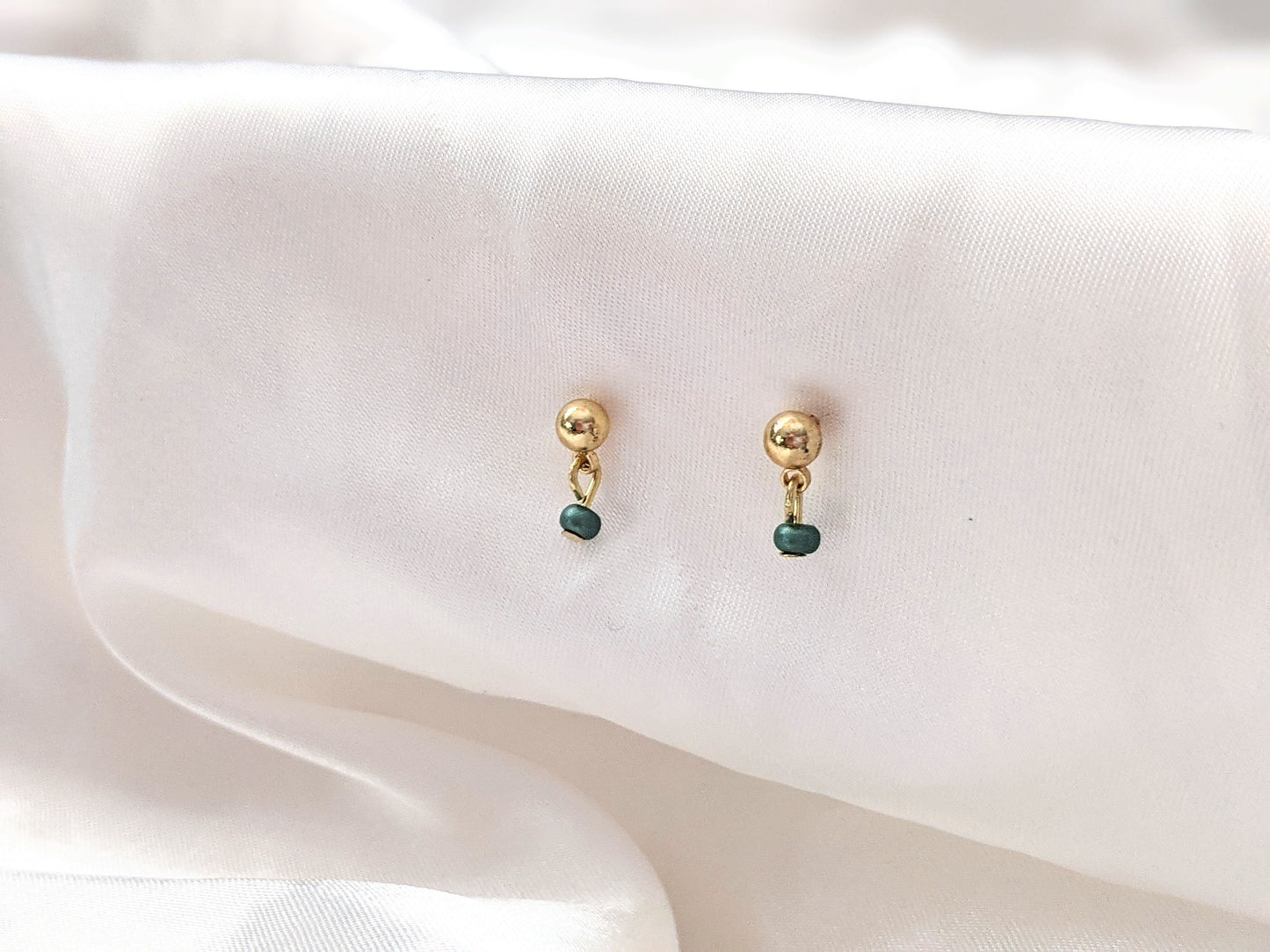 Drop Stud Earrings 18k Gold Earrings Dainty Minimalist Jewelry Stud Post Drop Earrings Gold Tiny Dangle Earrings Small Gold Earrings Green